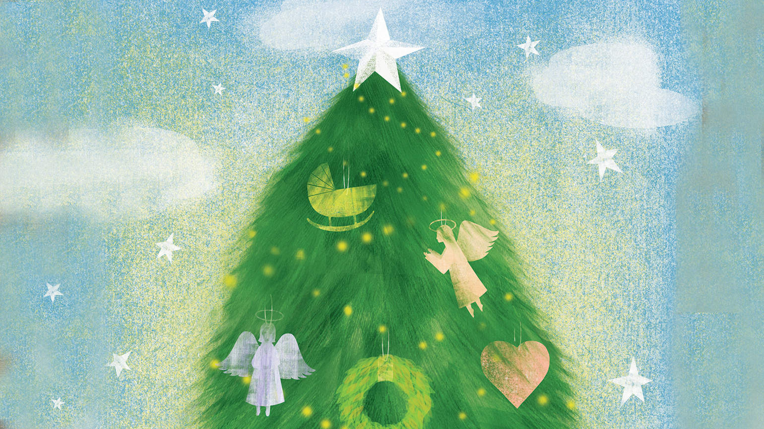 An illustration by Sandra Dionisi of a Christmas tree