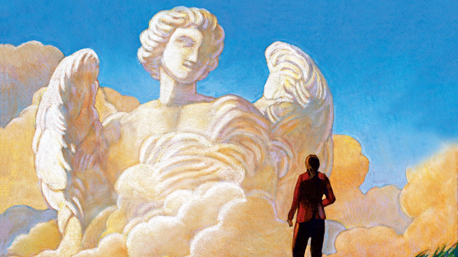 An illustration by Myles Hymen of a woman looking up at a angel of clouds