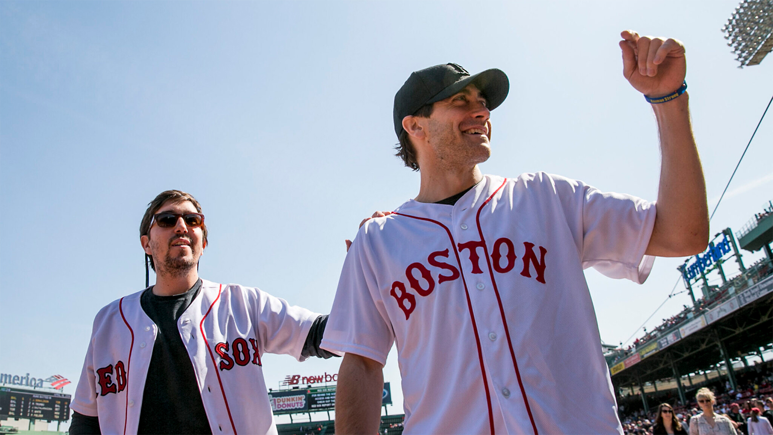 Boston Marathon bombing survivor Jeff Bauman and actor Jake Gyllenhaal at Fenway Park; photo by Billie Weiss/Boston Red Sox/Getty Images