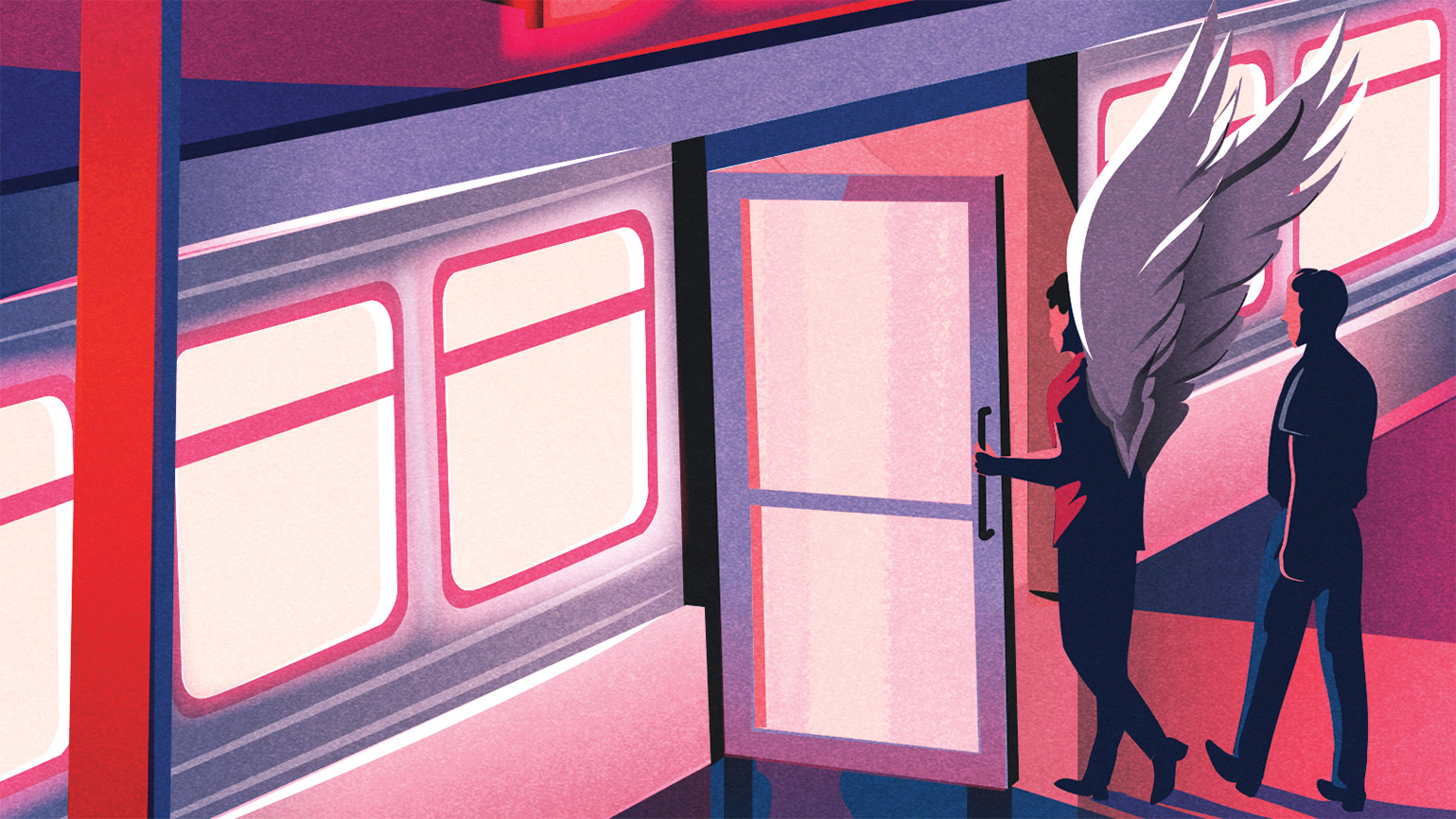 An angel entering a diner