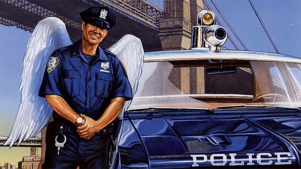 A police officer with angel wings; illustration by Mark Thomas
