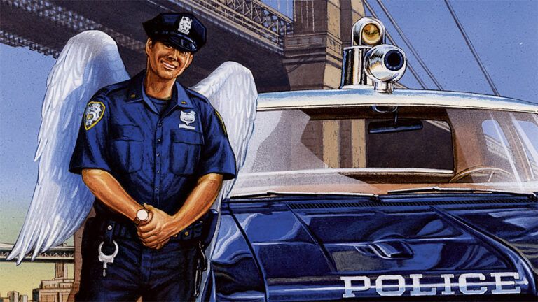 A police officer with angel wings; illustration by Mark Thomas