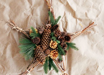 Christmas tree star made from branches and pine cones