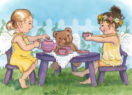 An artist's rendering of young girls holding a pretend tea party