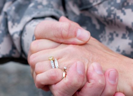 Guideposts: A closeup shot of a soldier's hand clasping his wife's hand