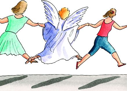 illustration of two women walking with an angel