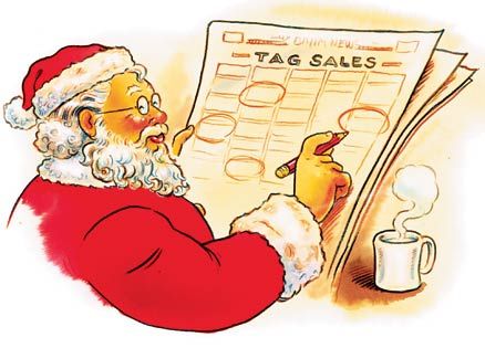 Santa searches newspaper ads for bargains, just as Nan Kennedy Morrison did.