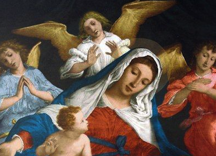 painting of the Virgin Mary and Baby Jesus surrounded by angels.
