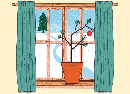A tiny, sparse tree on a windowsill looks out on a snowy January day.