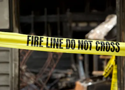 Burned-down house with yellow caution tape, "Fire Line Do Not Cross."