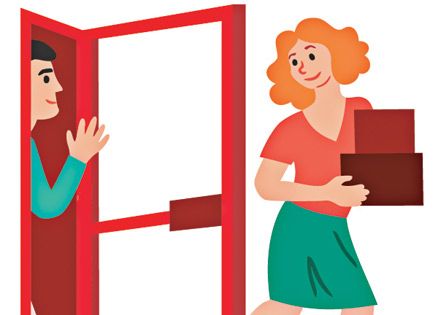 An artist's rendering of a woman holding a door for a man