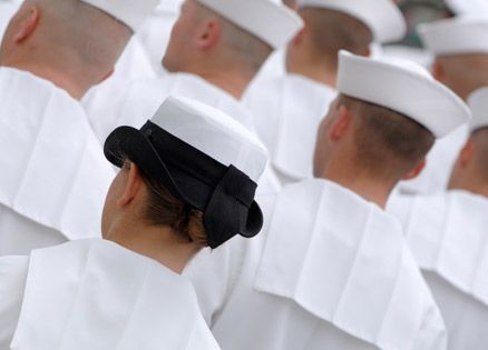 A female sailor in a sea of male sailors