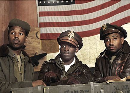 A still from Red Tails depicting three of the Tuskegee Airmen