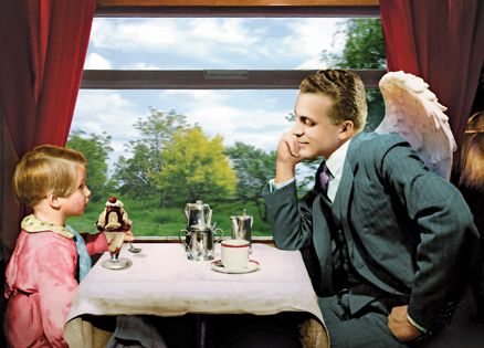 An artist's rendering of Fran and Michael in the train's dining car
