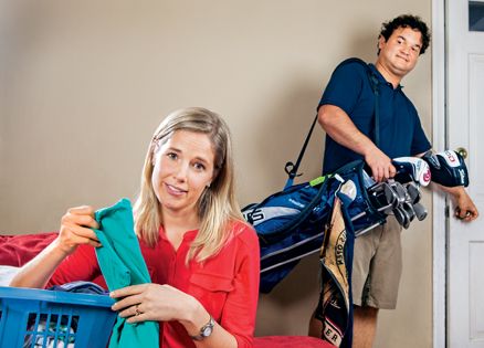 Jennifer Gentlesk sorts laundry while her husband heads for the golf course