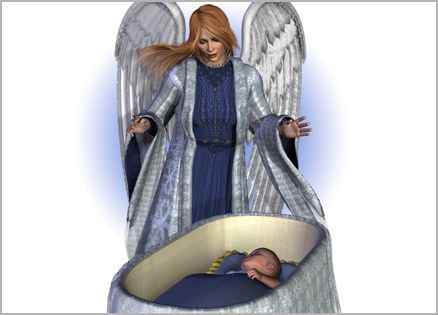 An artist's rendering of an angel watching over an infant