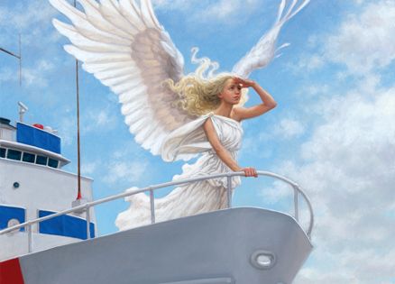 An artist's rendering of an angel searching the horizon from a ship