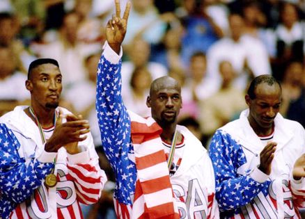Dream Team members Scottie Pippen, Michael Jordan and Clyde Drexler
