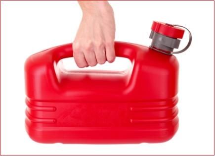 person clutching gas can.