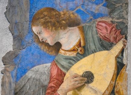 Famous painting an angel playing an instrument by Melozzo da Forli.