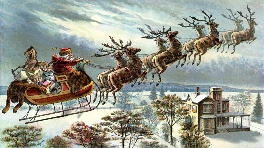 1898 illustration of Santa with his reindeer