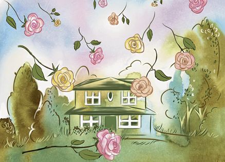 An artist's rendering of a house being showered by roses