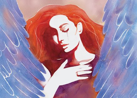 An artist's rendering of a grieving woman surrounded by angels' wings