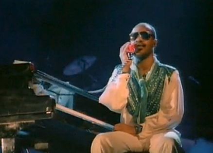 Stevie Wonder in a shot from his video for "I Just Called to Say I Love You"