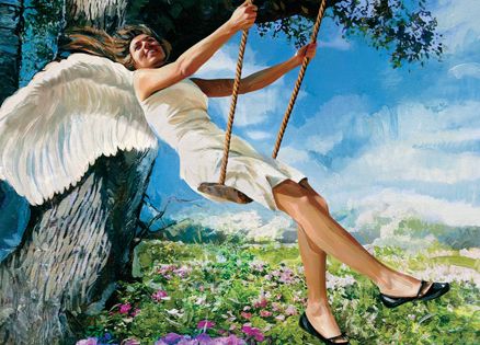 An artist's rendering of a winged angel flying high on a playground swing