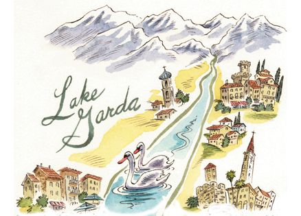 An artist's map-like rendering of the Lake Garda area