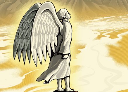 An artist's rendering of a guardian angel in the desert