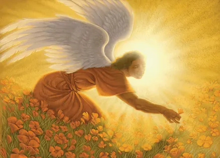 An artist's rendering of an angel in a field of golden buttercups