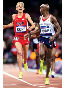 Mo Farah looks back as Galen Rupp crosses the finish line.