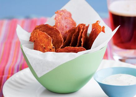 Salami chips with grainy mustard dip