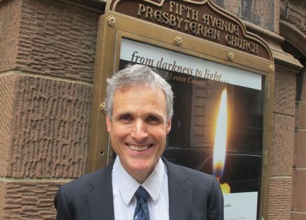 Prayer blogger Rick Hamlin in front of Fifth Avenue Presbyterian Church