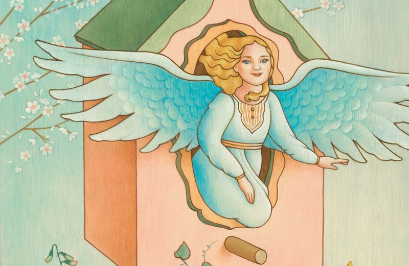 An artist's rendering of an young angel in a birdhouse