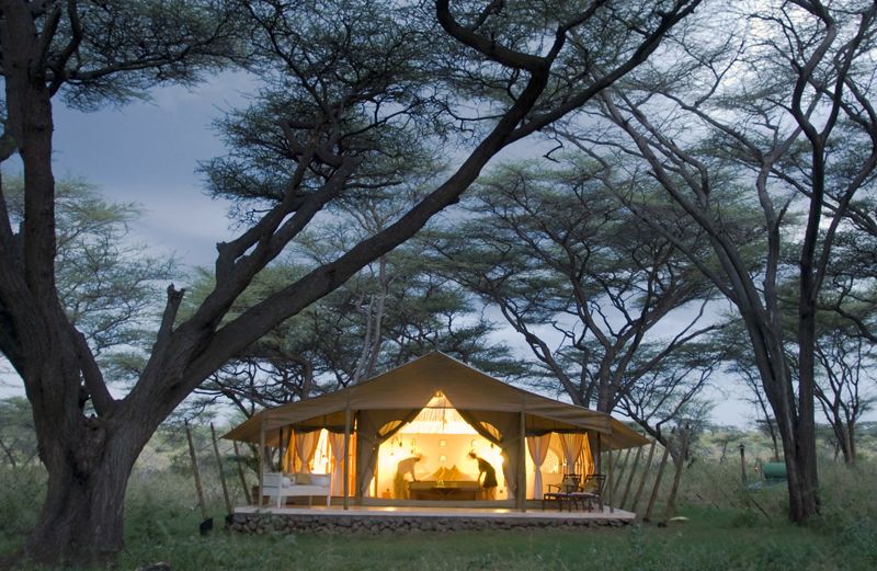 A spacious, well-lit tent of the type used on high-end African safaris