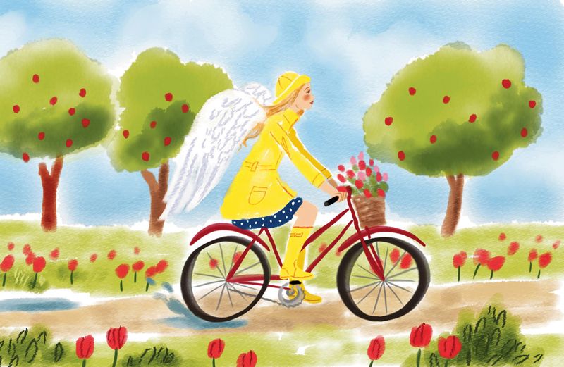 An artist's rendering of a young angel on a bike wearing yellow rain gear