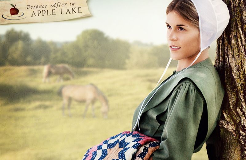 An Amish girl leaning against a tree, from the cover of Miriam's Quilt