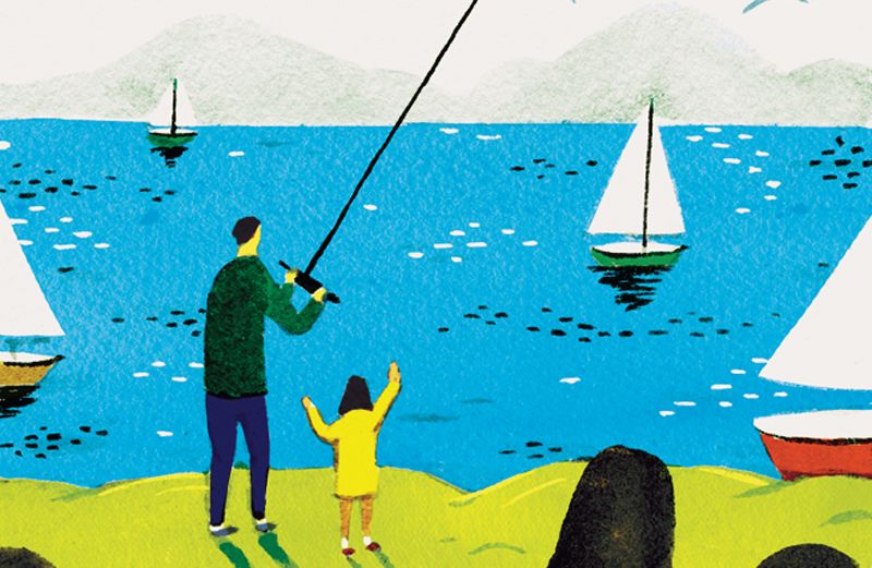An artist's rendering of a father and daughter flying a kite by a lake