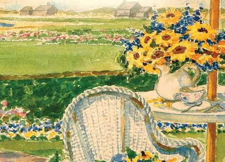 Flowers and wicker furniture on the cover of Sunflower Summer