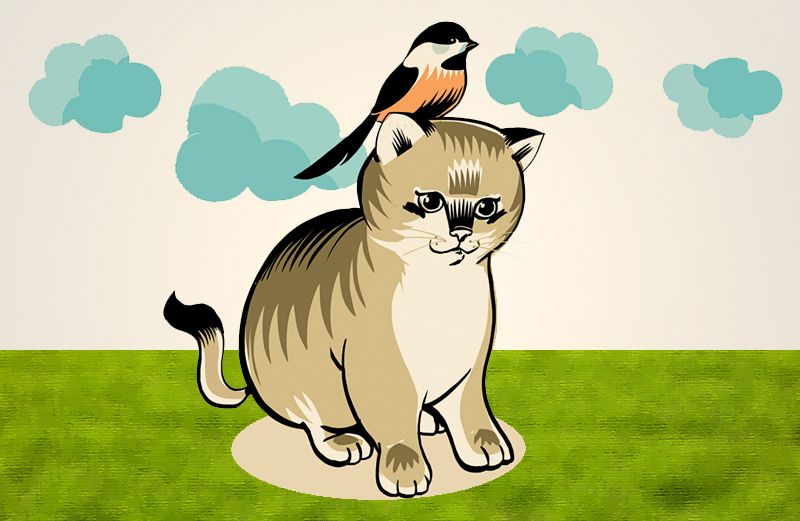 An artist's rendering of a cat with a chickadee perched on its head
