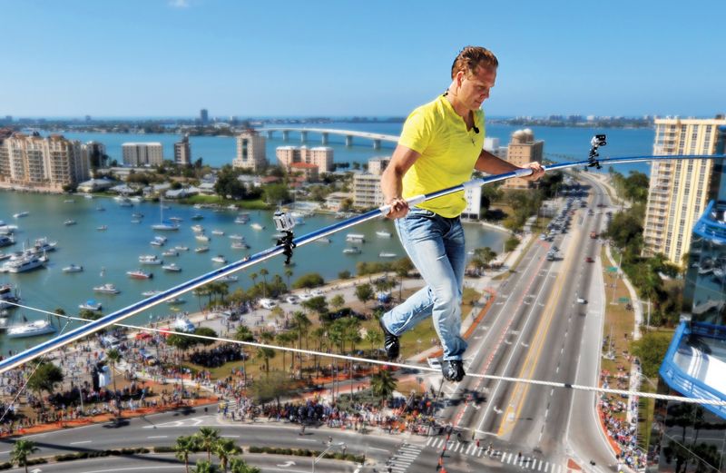 Nik Wallenda on a high wire 200 feet over Sarasota, Florida