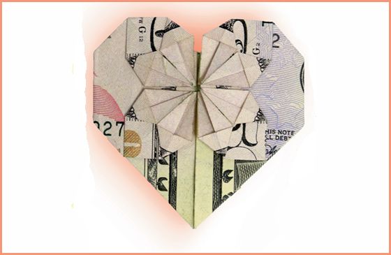 An artist's rendering of a fifty-dollar bill folded into a heart