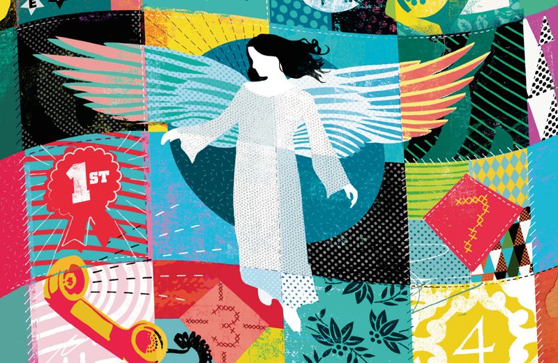 An artist's rendering of a quilt with an angel on it