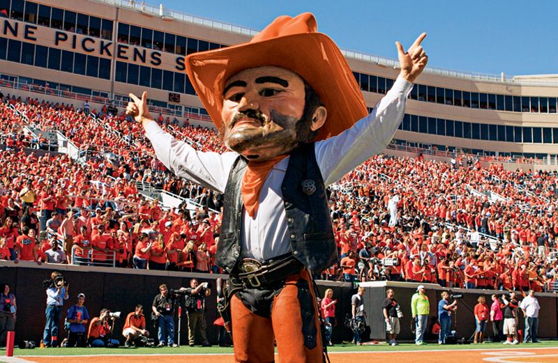 Jason Hynson, on the field in his Pistol Pete costume during a game