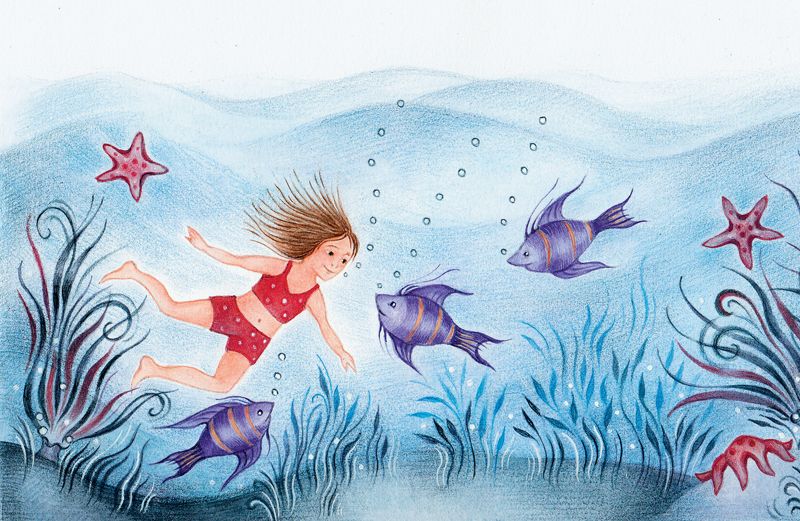 An artist's rendering of a young girl smiling at fishes on the ocean floor