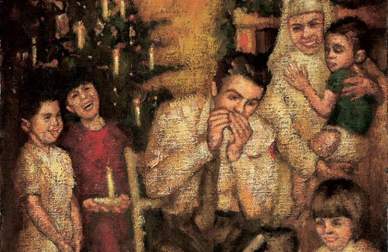 An artist's rendering of the soldiers and kids celebrating Christmas
