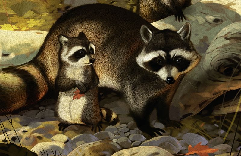 Artist's rendering of a mother raccoon and her child