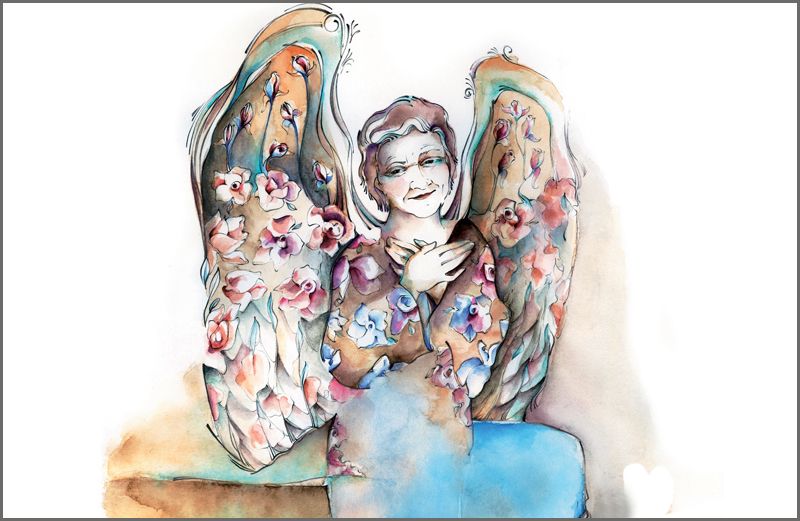 An artist's rendering of a kneeling angel
